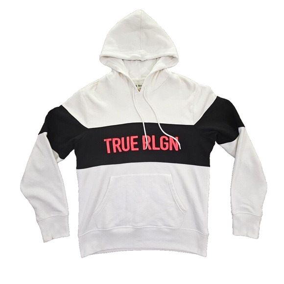 True Religion Men's Pullover Colorblock Hoodie Sweatshirt White Black 103140 LG - Picture 1 of 16